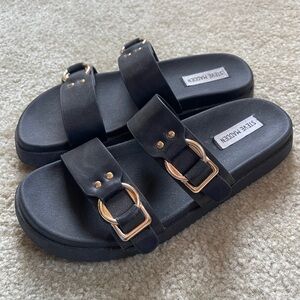 Steve Madden Black Slide Sandals with Rose Gold Buckles
